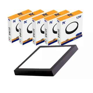 Kit 5 Luminária Plafon Any Preto 12w Sobrepor Quadrado Redondo Branco Frio Neutro Quente