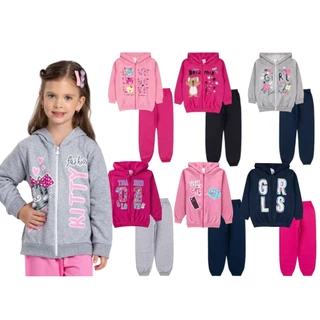 Kit 6 Peças Moletom Jaqueta com Capuz e Zíper e Calça Feminino Infantil Menina Inverno