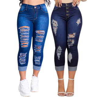 Kit 02 Calças Capri Rasgadas Jeans Com Lycra