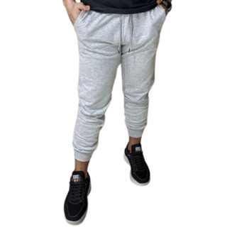 Calça de moletom masculina cinza flanelada jogger com punho