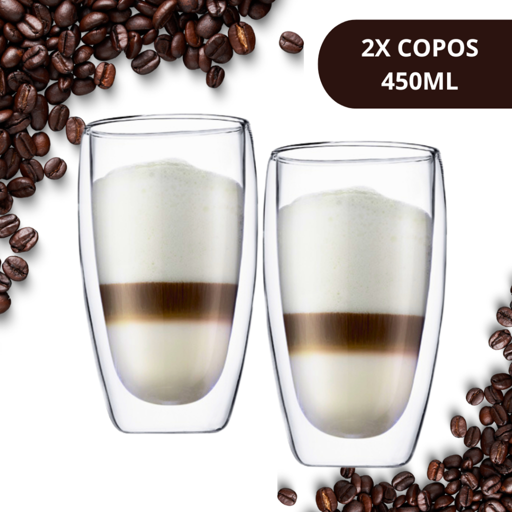 Kit 2 Copos Parede Dupla Vidro Duplo Borossilicato 450ml