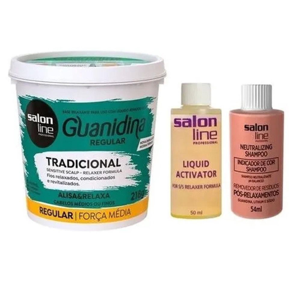Guanidina Tradicional Regular Alisa e Relaxa Salon Line 218gr + Liquid Activator54ML + Shampoo Neutralizing54ML