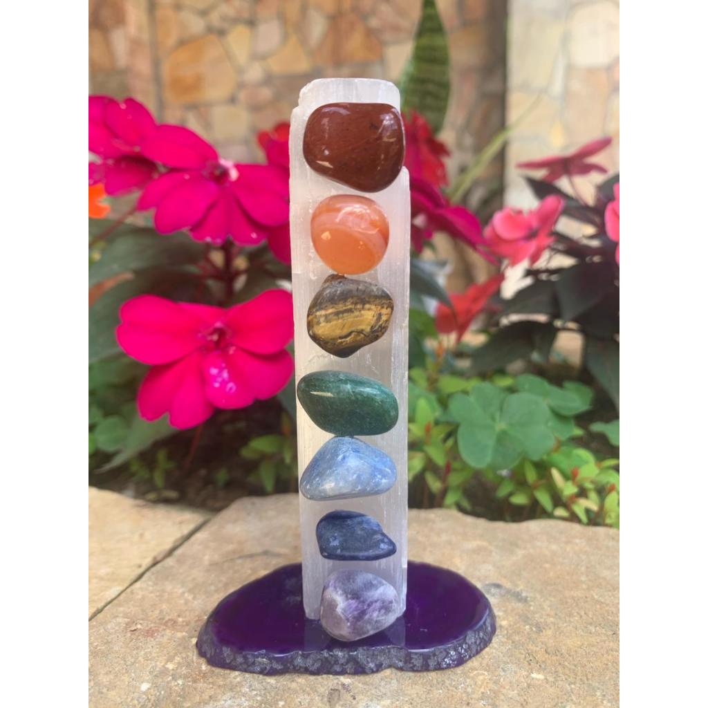 Bastão de Selenita com Chakras na Base Chapa de Ágata