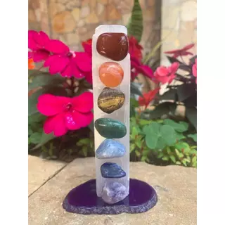 Bastão de Selenita com Chakras na Base Chapa de Ágata