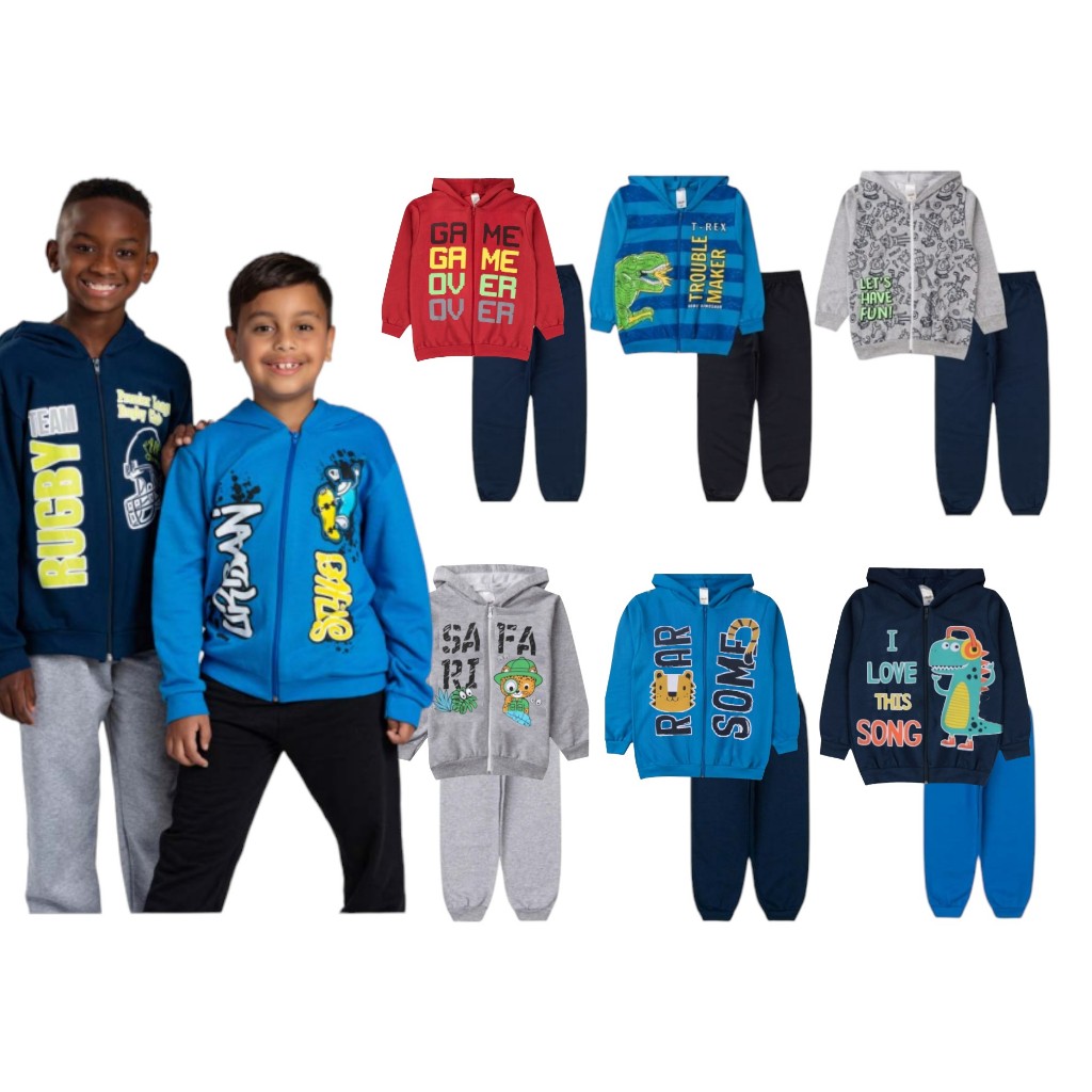 Kit 6 Peças Moletom Jaqueta com Capuz e Zíper e Calça Menino Infantil Masculino Inverno