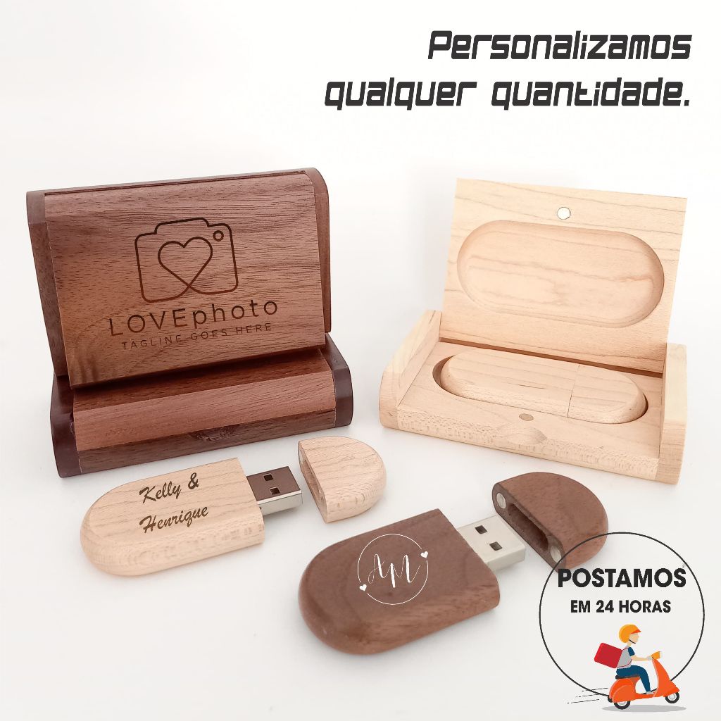 Pen drive de madeira com caixinha 4gb 8gb 16gb 32gb 64gb personalizado gravado com nome ou logo em cores ou laser