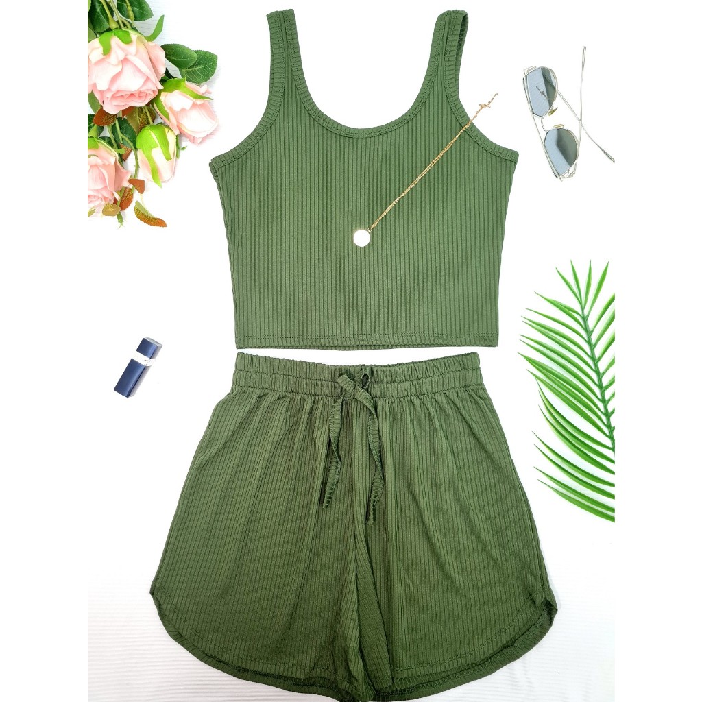 Conjuntos Cropped Top Simples básico Regata+Short Curto Malha Canelada Várias Cores