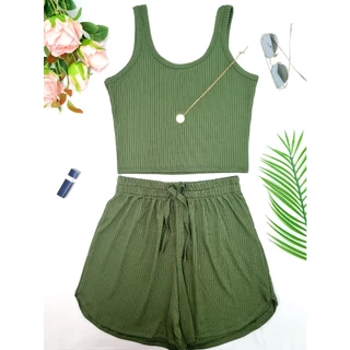 Conjuntos Cropped Top Simples básico Regata+Short Curto Malha Canelada Várias Cores