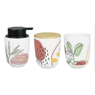 Kit 3 Peças Cerâmica Yoi Osaka Botanical Conjunto Lavabo Banheiro Porta Algodão, Escova e Sabonete Liquido