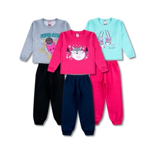 3 Conjuntos Moletom Infantil Feminino Roupa Menina Inverno 6 Peças - 3 Blusas e 3 Calças
