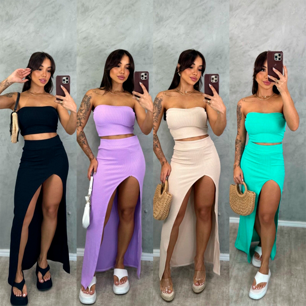 Conjunto Yara Cropped com Bojo e Saia Longa Feminino Lançamento Preto Pink Azul