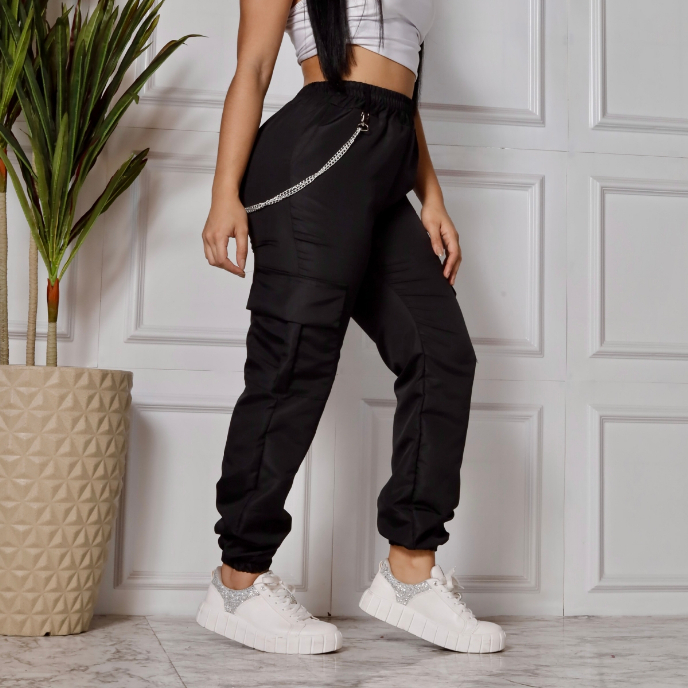 Calça Cargo CalÇa Jeans Com Corrente Feminina Cargo Tactel CalÃ§a