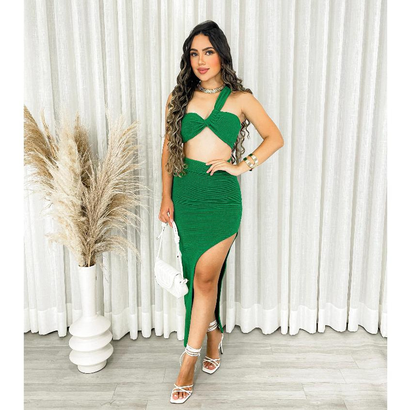 Conjunto Feminino Saia Midí Abertura Frontal + Cropeed Com Bojo Moda Outono Inverno Tendencia Blogueira