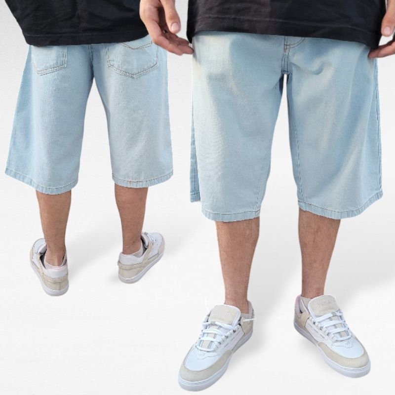 Bermuda Jeans Masculina Retrô Balão Larga Delave Clara