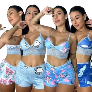 Kit 4 Short Doll Estampado Curto Pijama de Dormir Feminino Personagem Sem Bojo com Alça