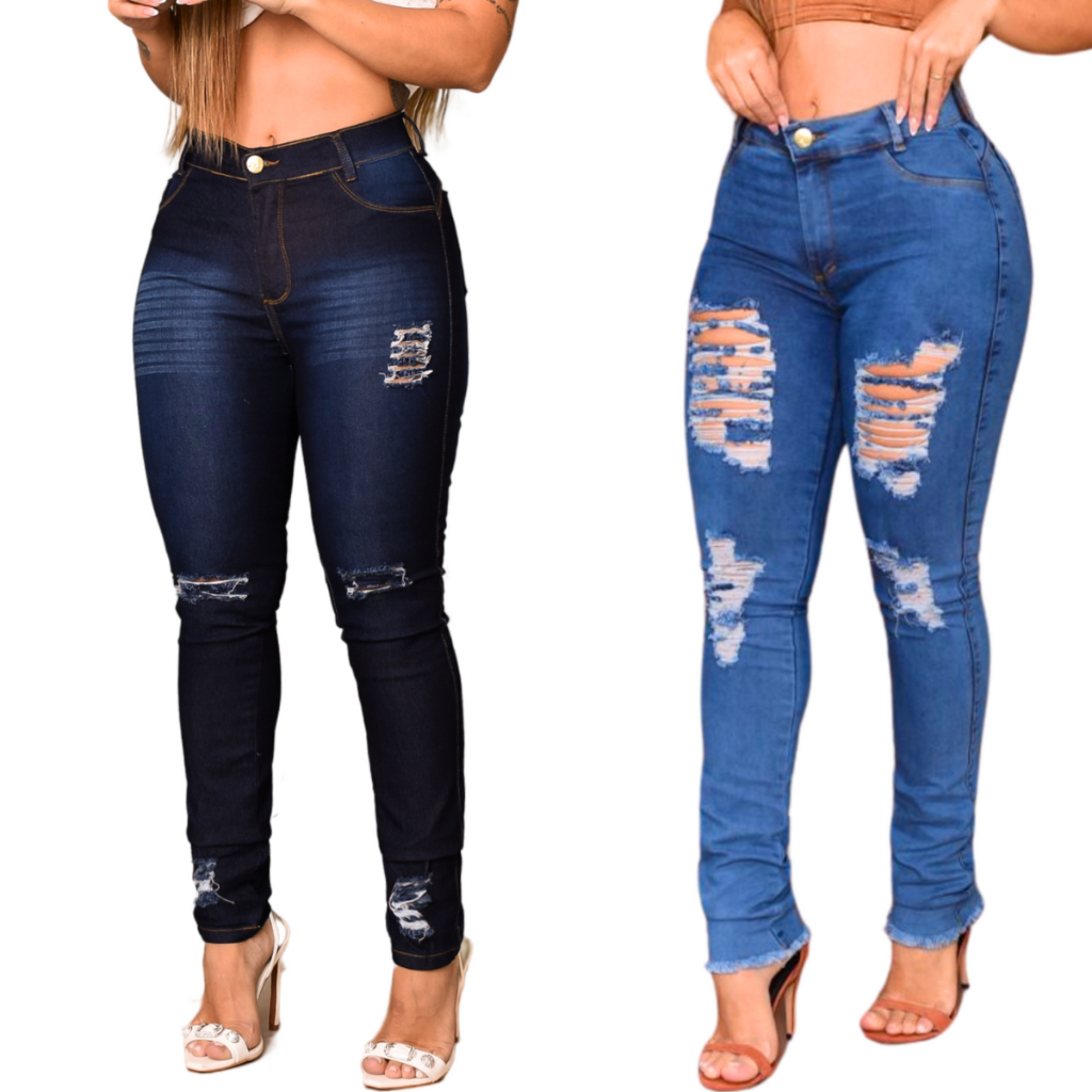 Calça Jeans Feminina Wide Leg Sky Clara Estampada com Cintura Alto com Sem  Elastano Ref: 0041