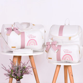 Kit Bolsa Maternidade Personalizado Arco Íris Off/Rosê - 02 Peças