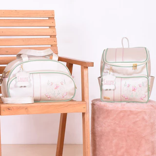 Kit Bolsa Maternidade Personalizada Jasmin Champanhe/Verde/Rosê - 04 Peças
