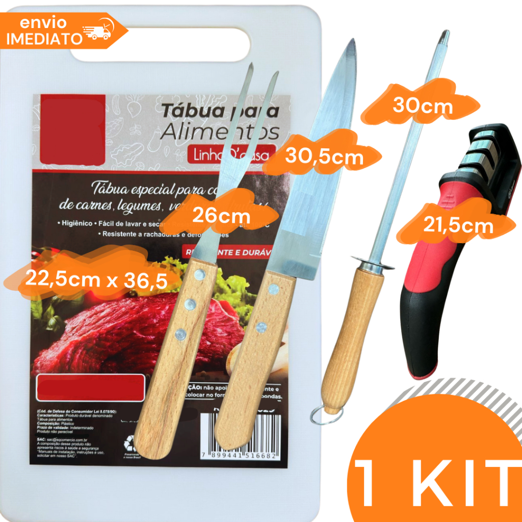 Conjunto Kit Churrasco 5 peças Tabua Faca Garfo Chaira Afiador Inox Cozinha Madeira
