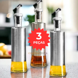 Kit 3 Galheteiro 300ml Porta Azeite Vinagre de Vidro Aço Inox com Bico Dosador Premium
