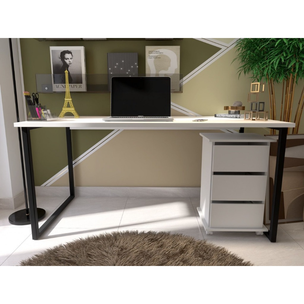 Conjunto Mesa Escrivaninha Escritório + Gaveteiro Carrinho Auxiliar 3 Cores