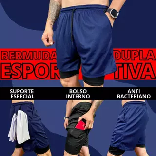 Kit 2 Bermuda 2 em 1 + UMA TOALHA DE PRESENTE treino short dry fit Masculino Calção elastano academia