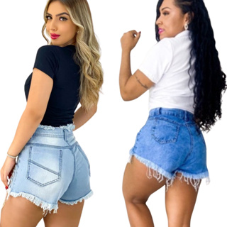 Kit 2 Shorts Jeans Femininos Rasgado 1 Barra Desfiado 1 Barra Desfiado e Cos Desfiado Levanta Bumbum da Moda Destroyed: Estilo Desfiado - Unique style.
