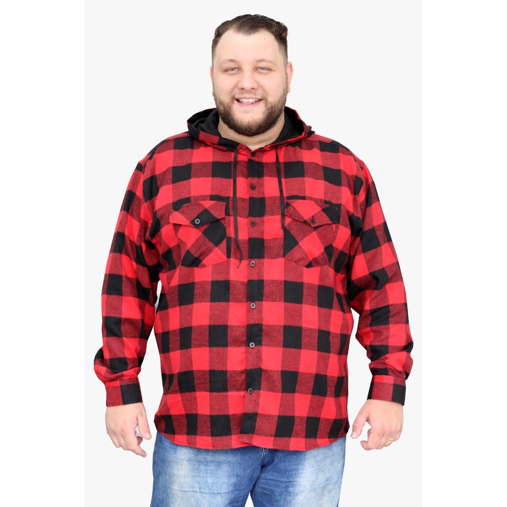 Camisa xadrez flanelada masculina adulto capuz Plus size tamanho extra Grande acima do GG .