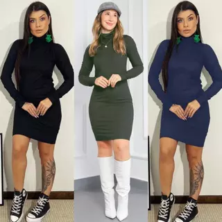 Vestido Curto Gola Alta Inverno Canelado Cor Lisa Manga Longa Comprida Evangelico Social Casual Bota