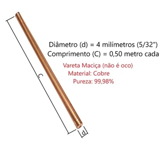 Vareta Cobre Puro 4mm x 50cm (5/32") Barra Redonda Arame Maciço (Não é Aço Cobreado, é só Cobre mesmo)