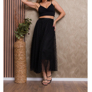 Saia de Tule Moda Feminina Midi Comprida Longa Elegante e Elastica com Bolinhas