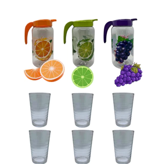 Jogo De Jarra 1,5L de Plastico Com 6 Copos 190ml Em Vidro Para Água Suco Drinks