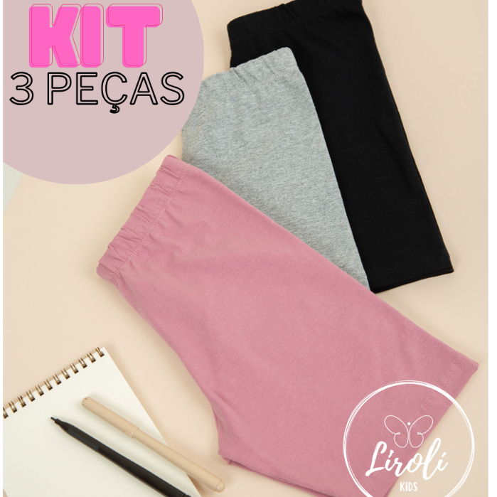 Kit Com 3 Peças Short Bermuda Legging Cotton Menina