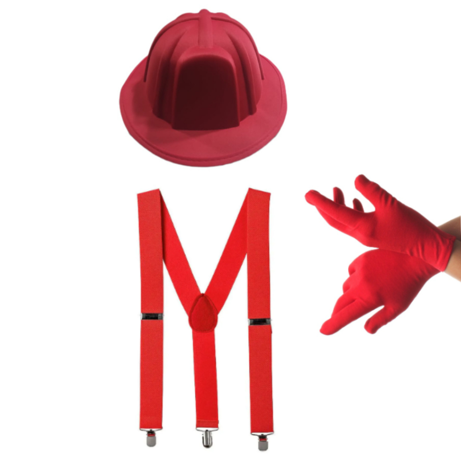 Kit Bombeiro + Suspensório Vermelho + chapeu bombeiro+luva vermelha 21 cm para Fantasia de Carnaval