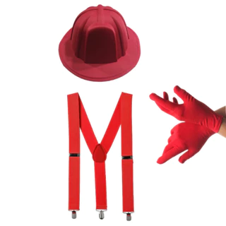Kit Bombeiro + Suspensório Vermelho + chapeu bombeiro+luva vermelha 21 cm para Fantasia de Carnaval