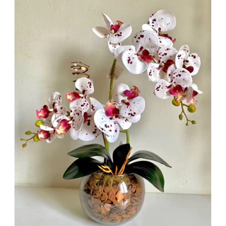 Lindo Arranjo de Flor Artificial Orquídeas Vaso Luxo Inox /Terrário para Decoração Casa Metalizado