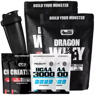Kit 2x Dragon Whey, 500g + 2x Bcaa 3000 50 Cápsulas + 2x Creatina 100g + Coqueteleira