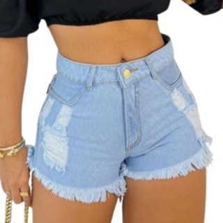 Short Feminino Jeans Bermuda Jeans Claro Rasgado Feminino