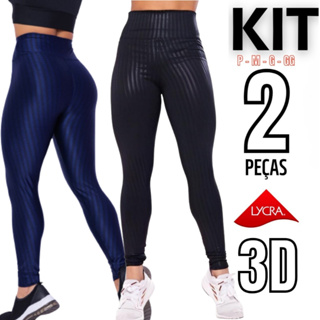 Kit 2 Calça Legging de Cirre 3D de Cós Reto Cintura Alta Academia Empina Bumbum