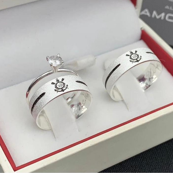 Par de aliança de namoro times corinthians santos palmeiras flamengo fluminense entre outros 5mm prata 950 Grossa a pronta entrega + anel solitario