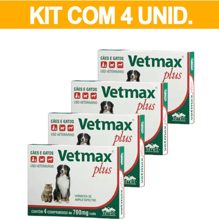 Kit com 4 Vetmax Plus 700mg 4 comprimidos Vermífugo Cães e Gatos ...