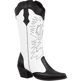 Bota Feminina GiGiL Bico Fino Gigil Salto Médio Western Country Bordado Bicolor Preto e Branco Confortável Moda Atual Blogueira