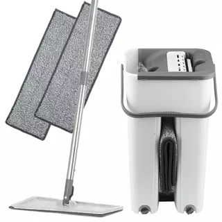 Flat Mop c/ 4 Refis Lava e Seca Microfibra Haste 360° Balde 4 Litros Rodo Mágico Compacto Vassoura Limpeza com Alça Lavável Esfregão Limpeza