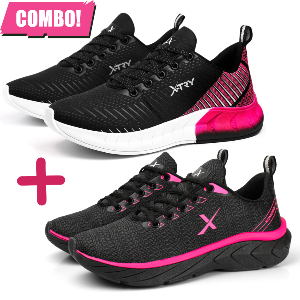 KIT 2 PARES Tênis Feminino Preto Pink X-Try Esportivo Casual