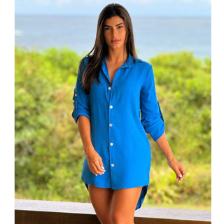 Compre Camisa Praia Cover-ups Mulheres Túnica Branca Mini Vestido