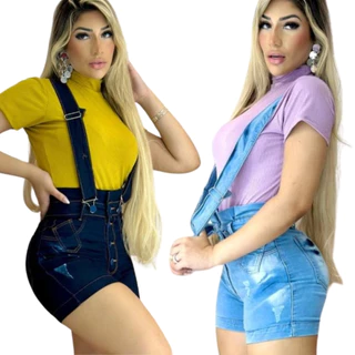 Kit 2 Salopetes Short Jeans Feminina Estilosa Sofisticada