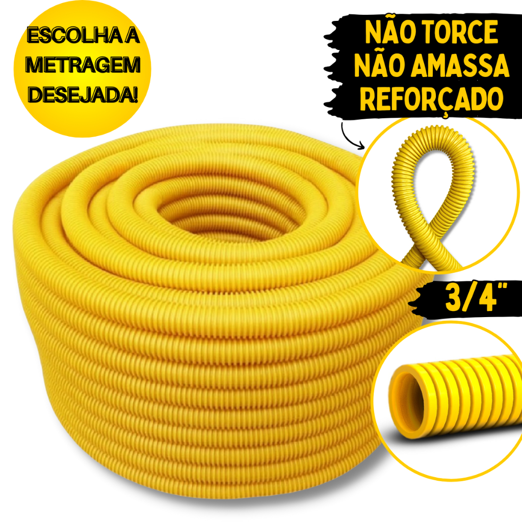 Conduíte Reforçado Eletroduto Corrugado 3/4 Amarelo