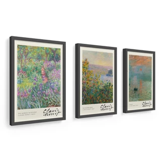 kit 3 quadros Claude Monet, 33x45 cm, moldura em madeira e vidro, signature, arte