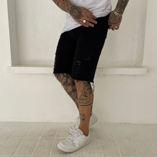 Bermuda Rasgada Jeans Masculina Preta Premium