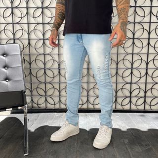 Calça Jeans Rasgada Masculina Denim Moda Skinny com Bolsos
